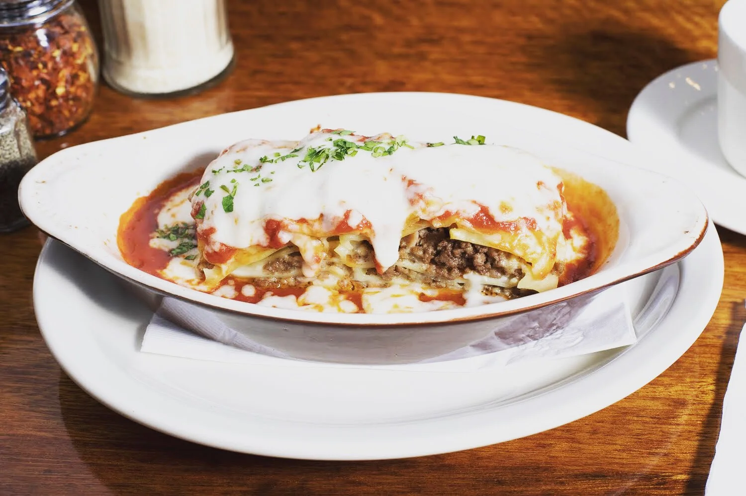 A bubbling tray of house lasagna