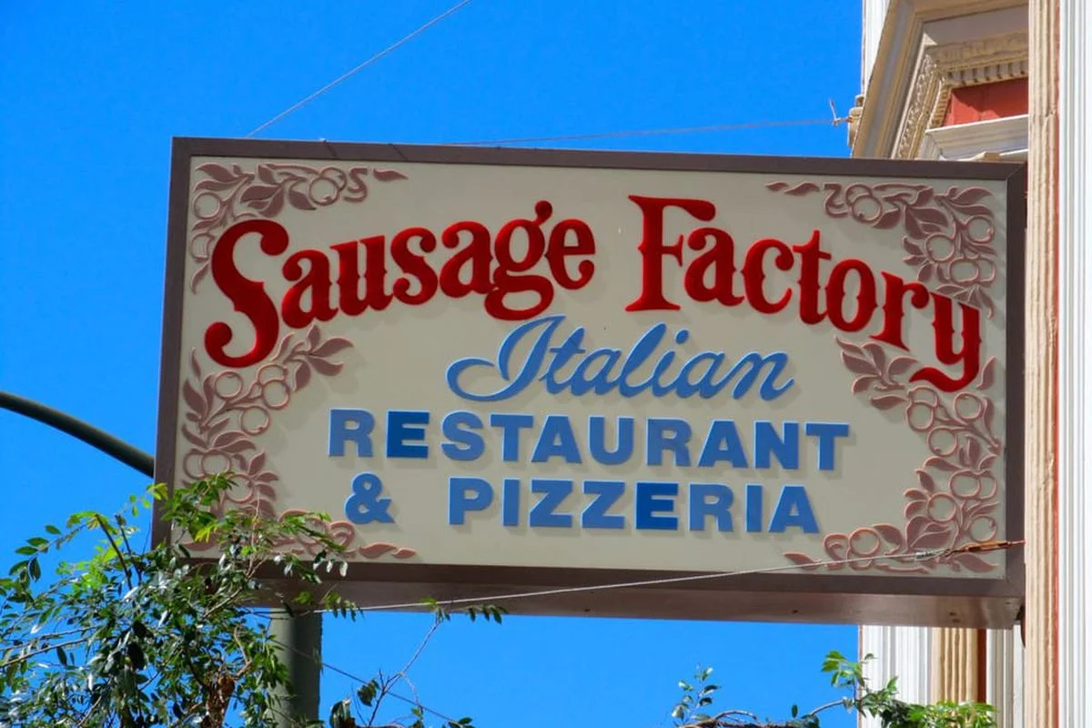 The vintage Sausage Factory Restaurant and Pizzeria sign