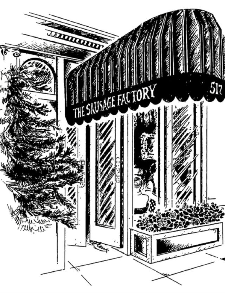 Black-and-white illustration of The Sausage Factory storefront